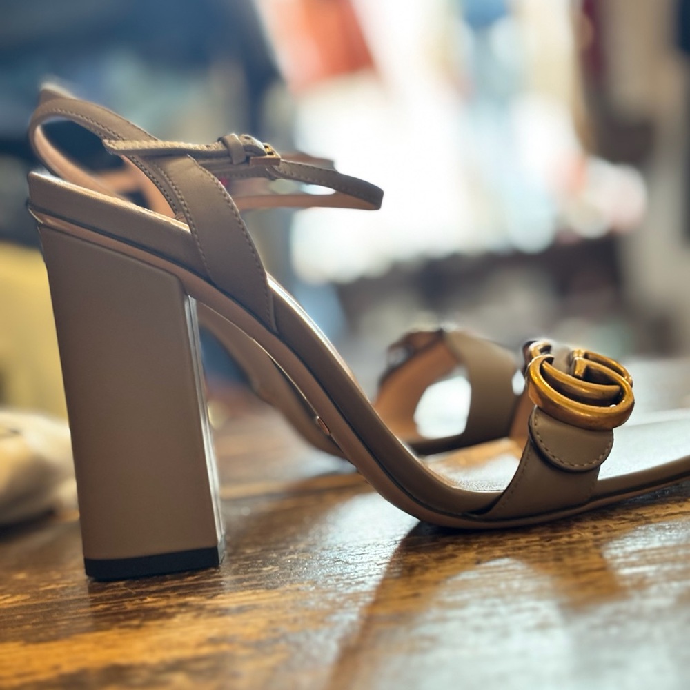 GUCCI Greige GG Marmont Stack Heel Sandal - Picture 7 of 14